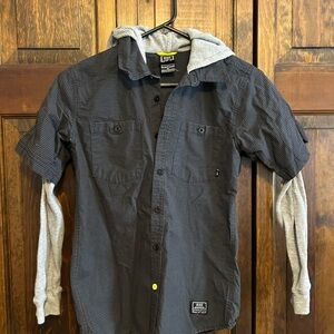 Nike Boy’s Black and Gray Button Down Shirt with attached long sleeves and hood.